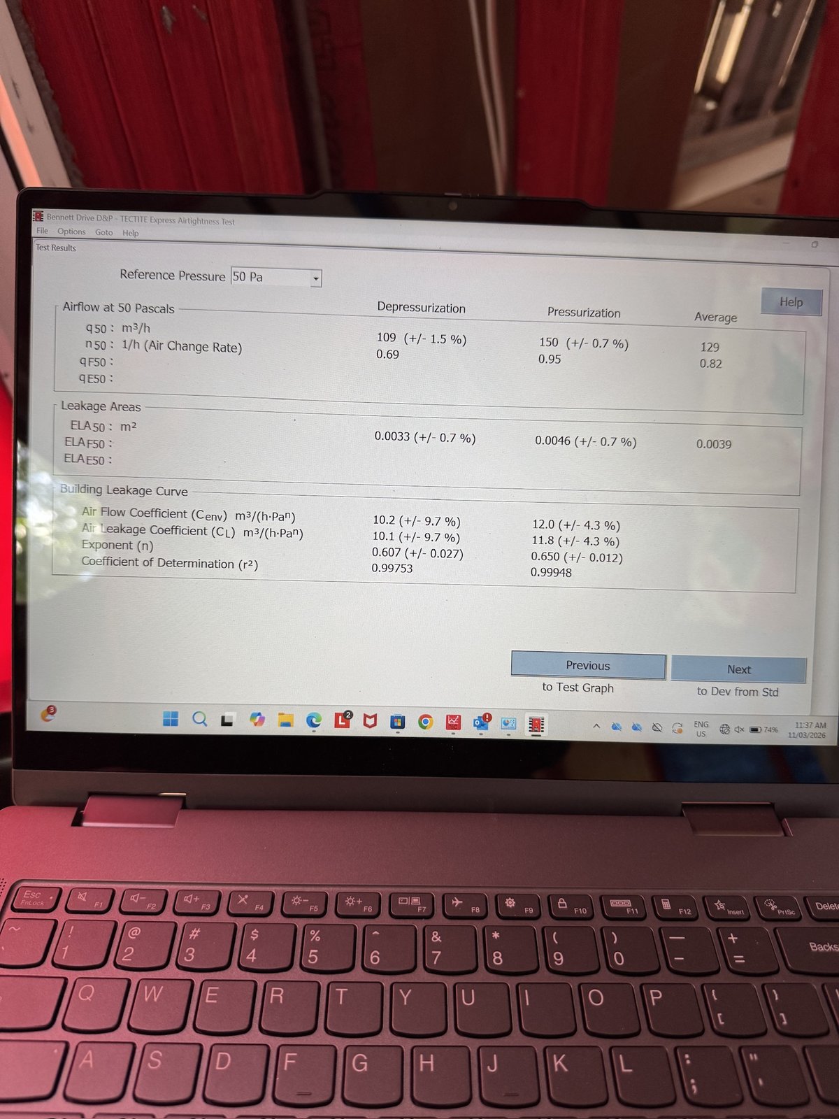 Blower door airtightness test results displayed on site